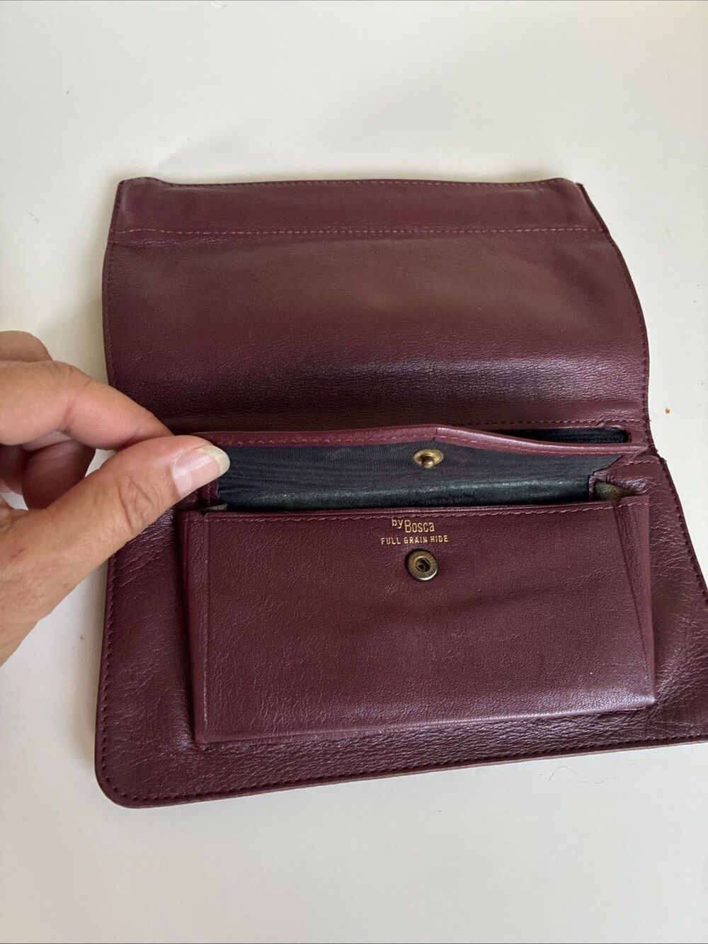 Vtg Bosca Full Grain Leather Hide Squeeze Wallet Large Pocket~Maroon Red